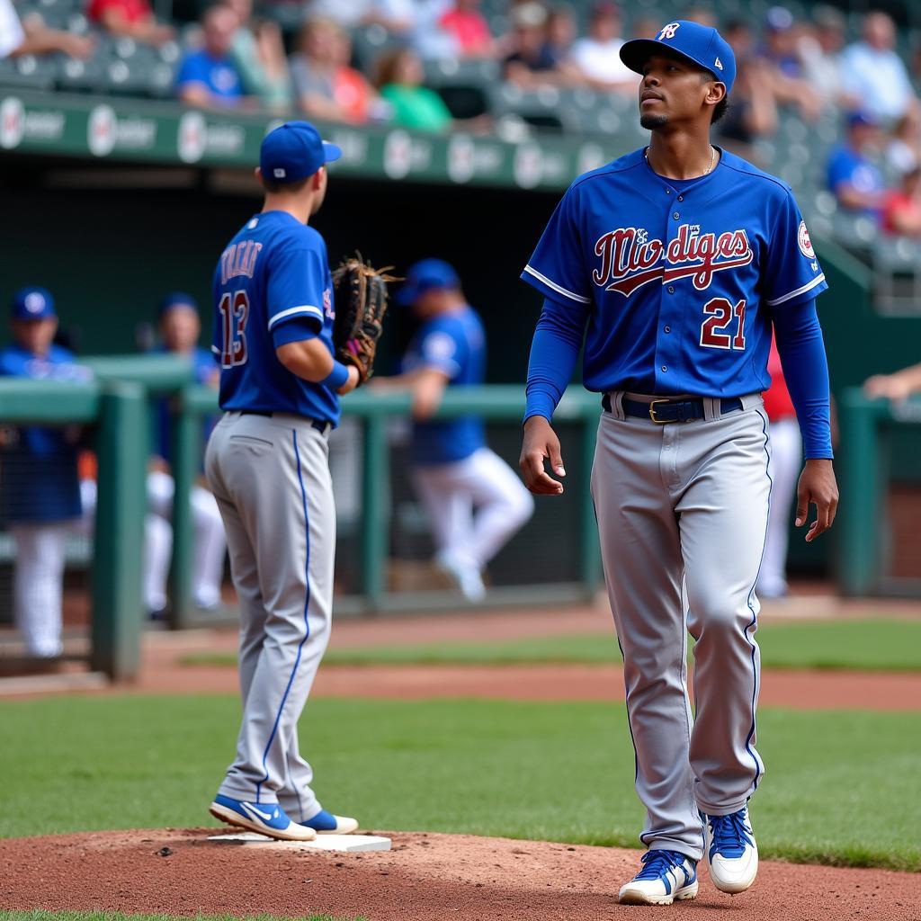 Fernando Tatis Jr. on the field, wearing his signature Mizuno glove and making a spectacular play, embodying the spirit of the glove.