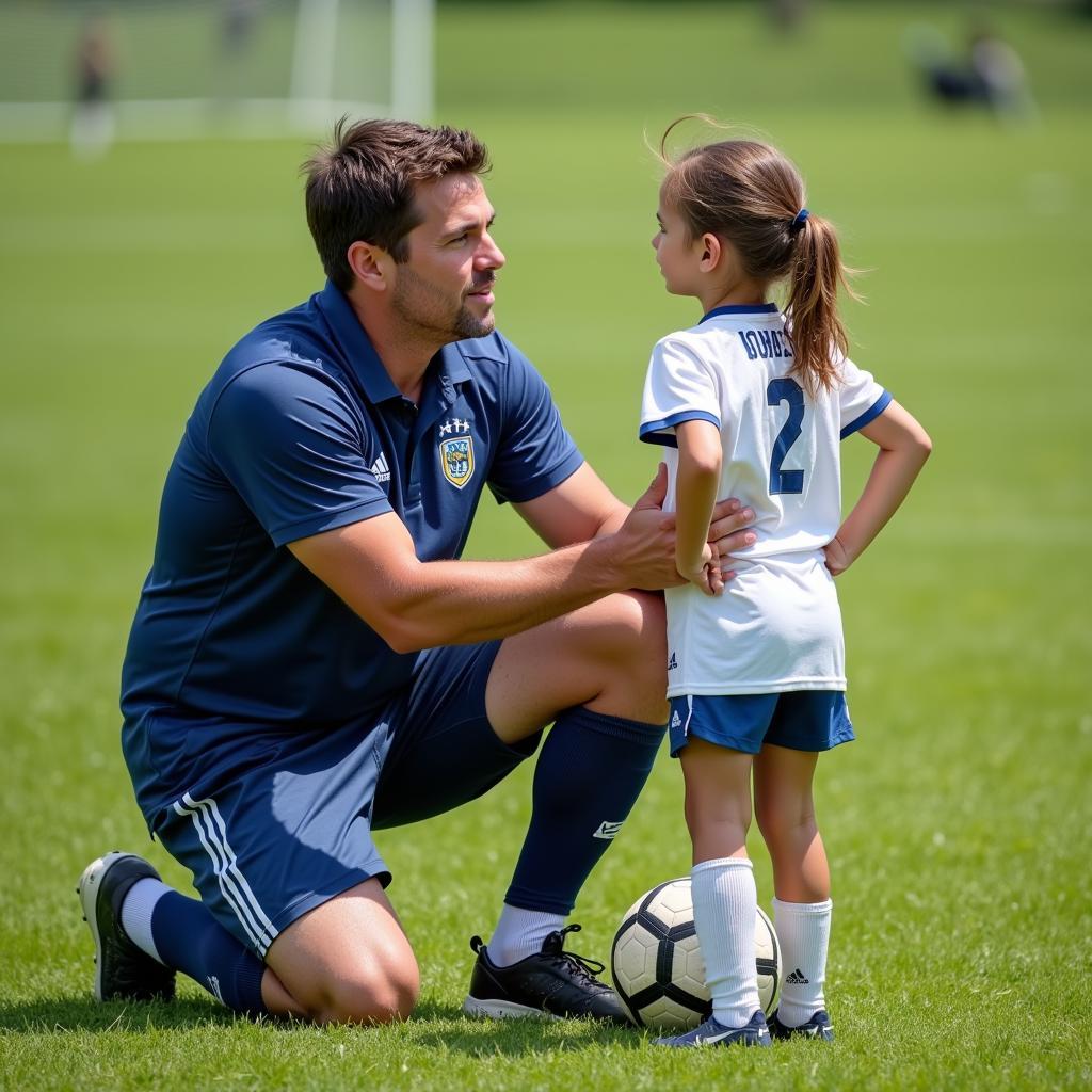 Soccer coach mentoring young player at Field of Dreams