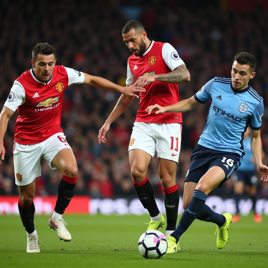 Two teams battling for possession in a heated match.