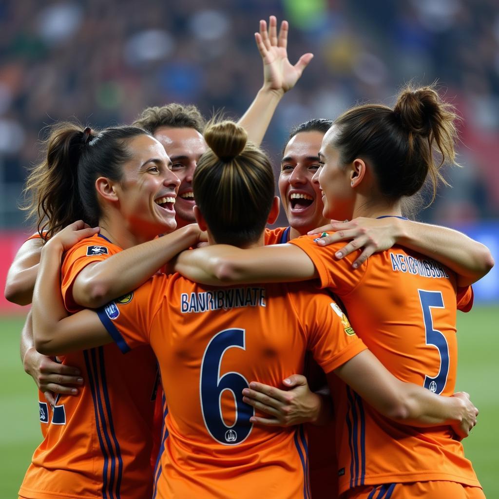 Football players celebrating a goal