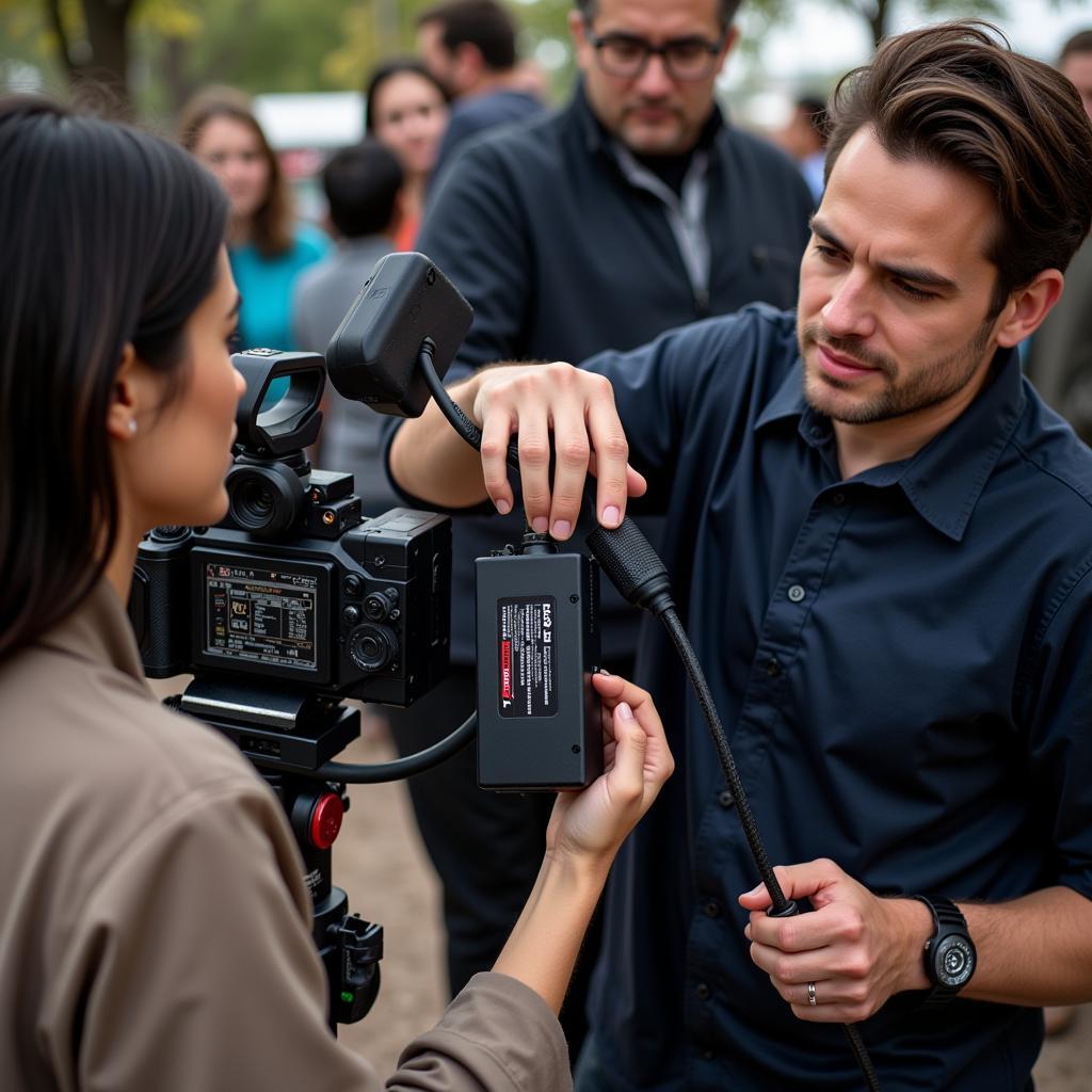 A filmmaker connects a D-tap splitter to a battery to power a camera rig.