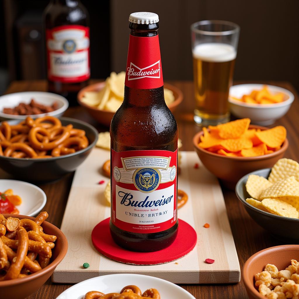 A decorated Budweiser bottle cake surrounded by bowls of beer snacks