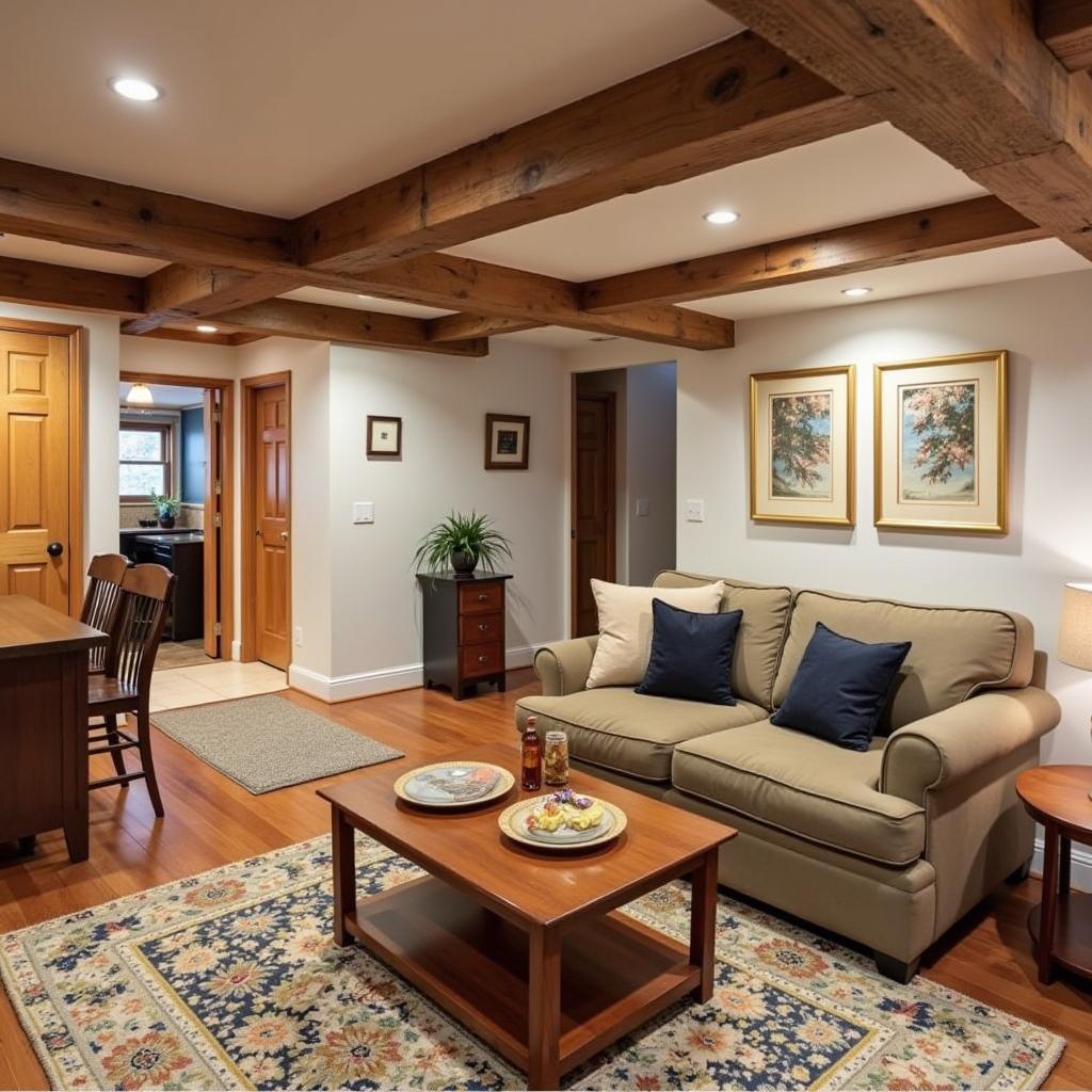 A finished Yankee basement with exposed beams and cozy furniture.