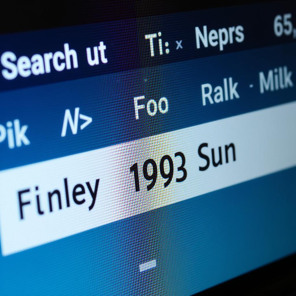 Close-up of a computer screen displaying "Finley 1993 Sun" in a search bar