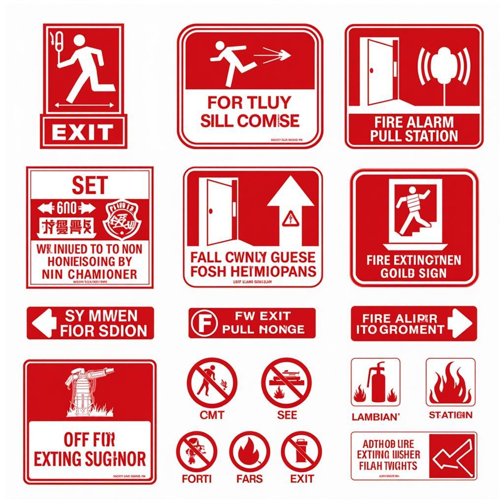 Various fire safety signs displayed in a building hallway