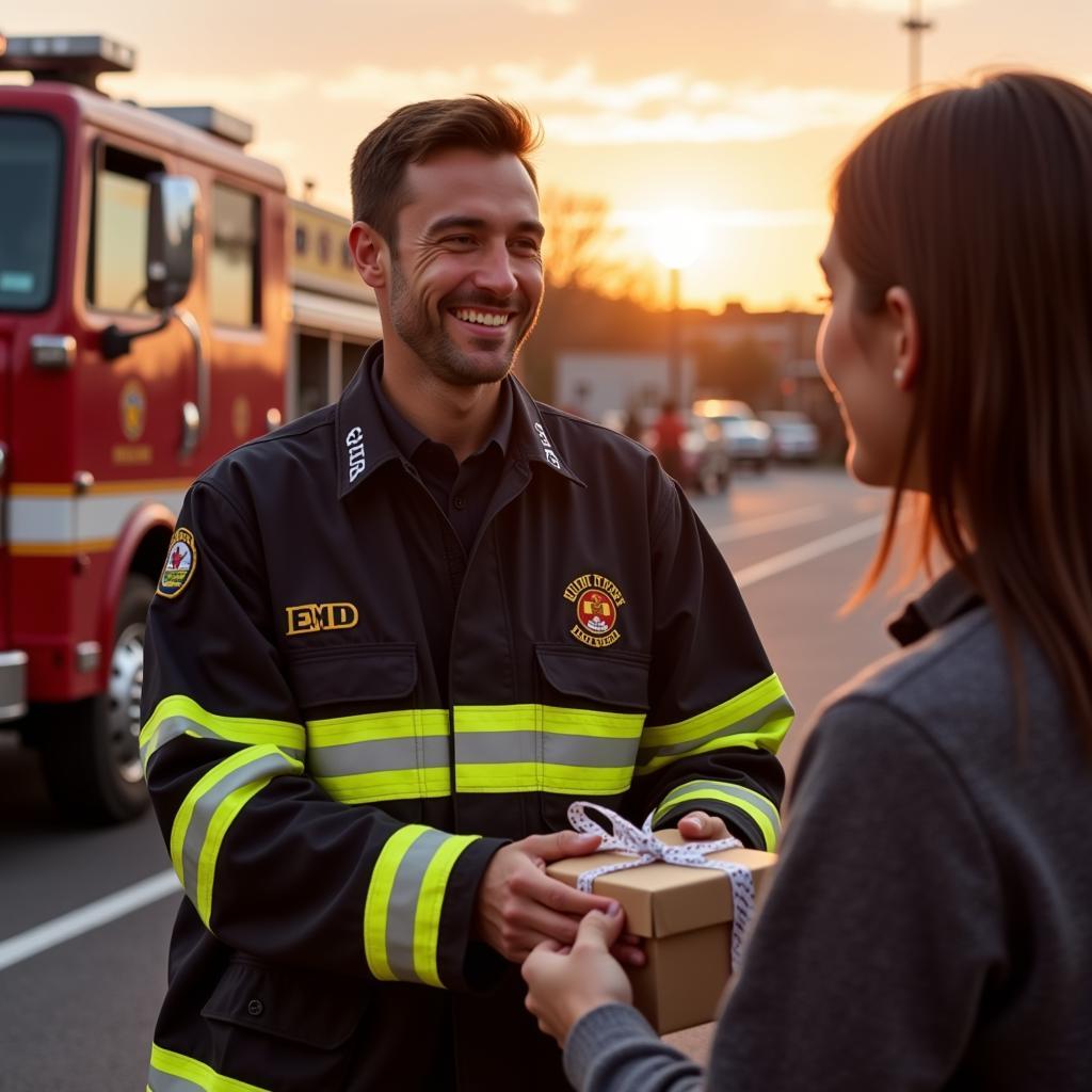 Firefighter EMT receiving gift