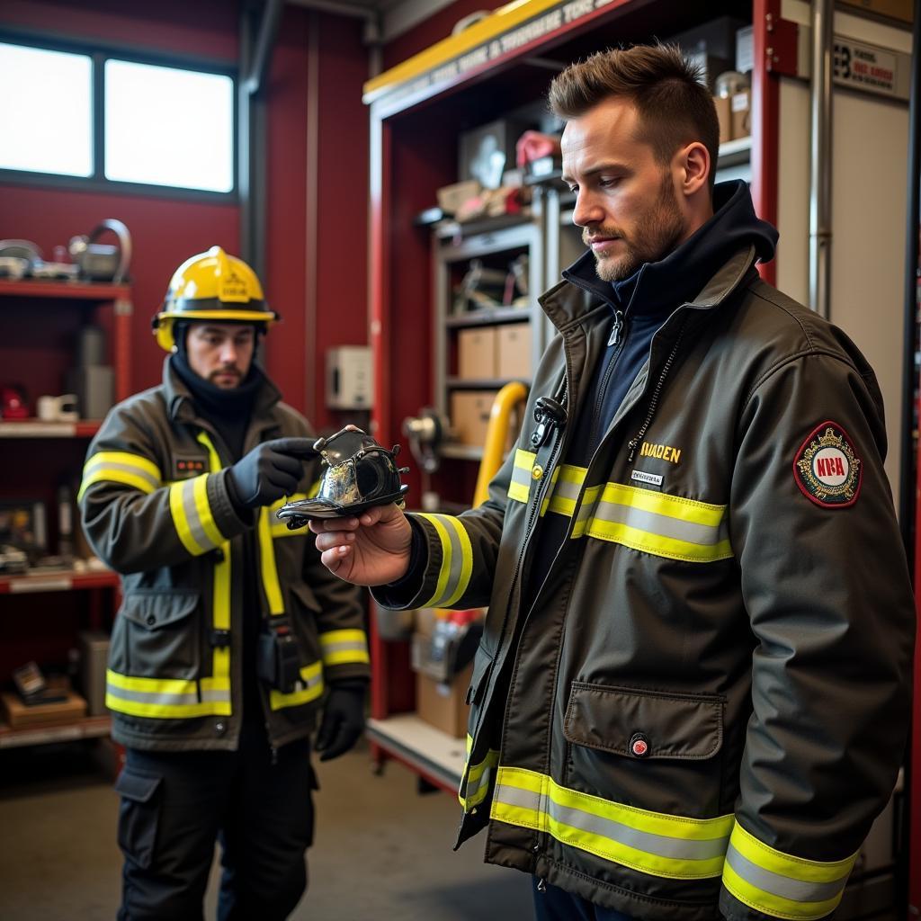 A firefighter carefully examines different custom front holders, considering their compatibility with his helmet and gear.