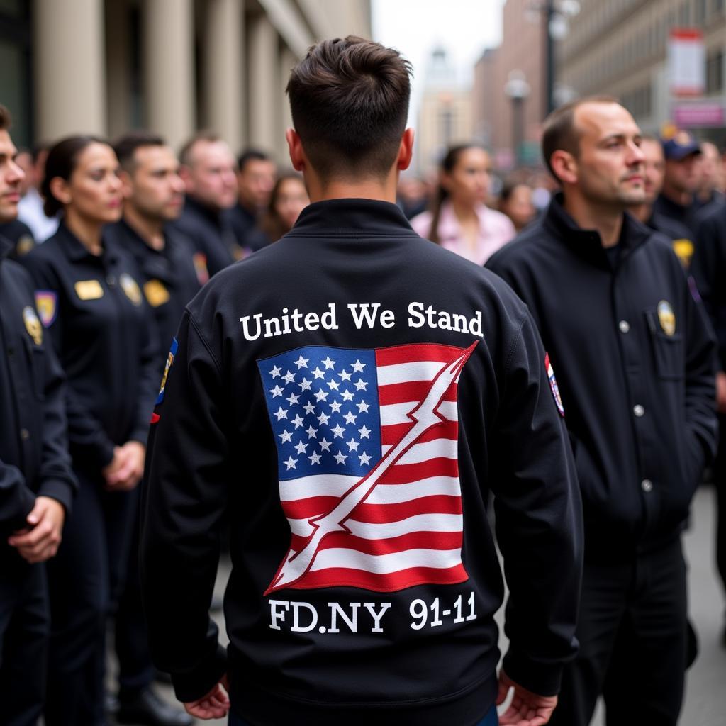 Firefighter wearing an FDNY 9/11 sweatshirt at a memorial event