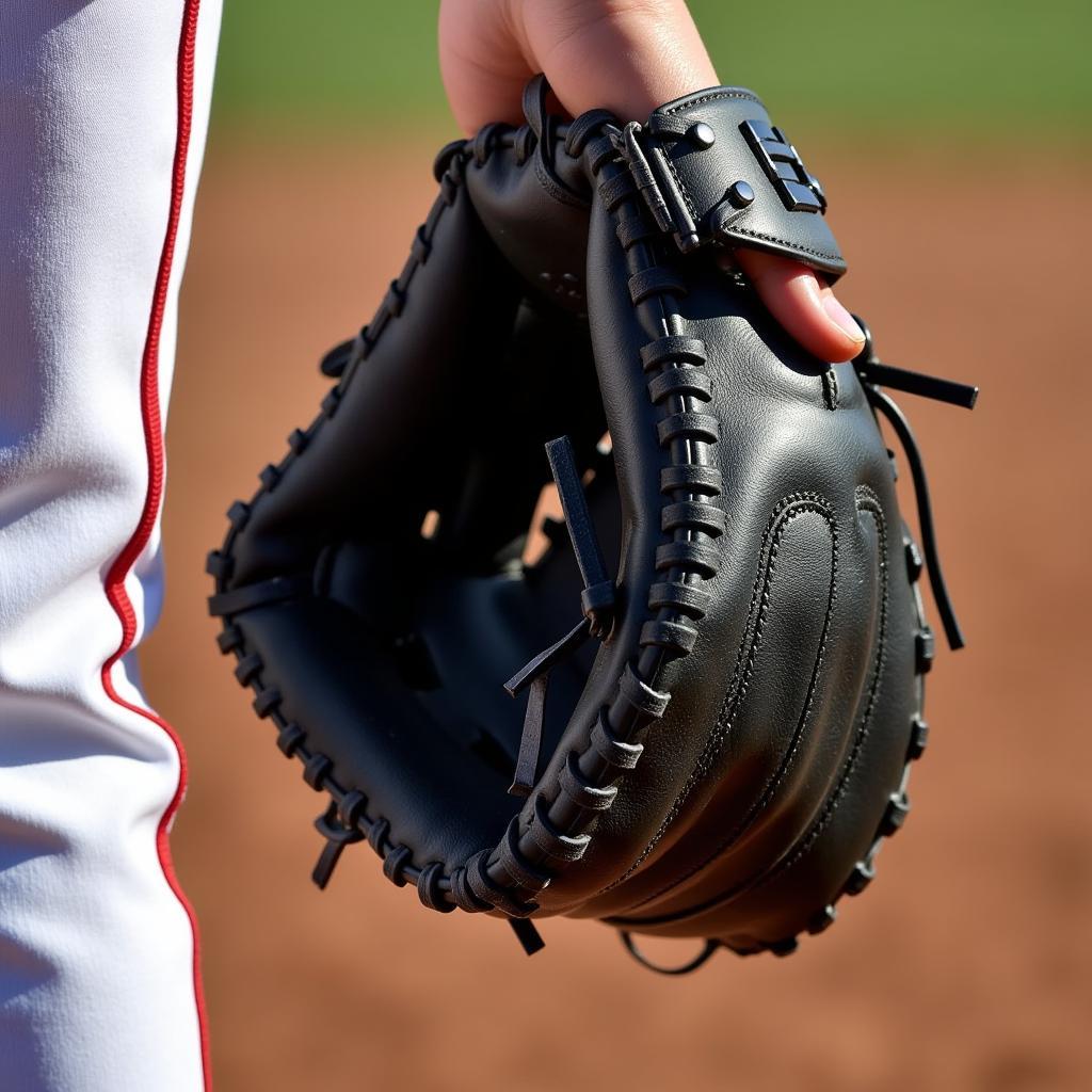 Close-up view of a softball player wearing a first base glove