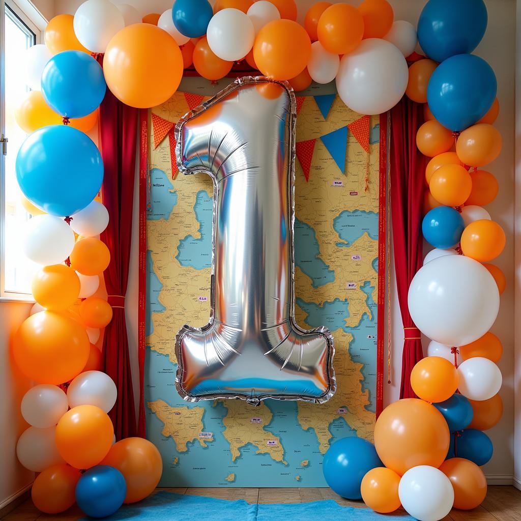 Colorful first birthday party decorations with a travel theme