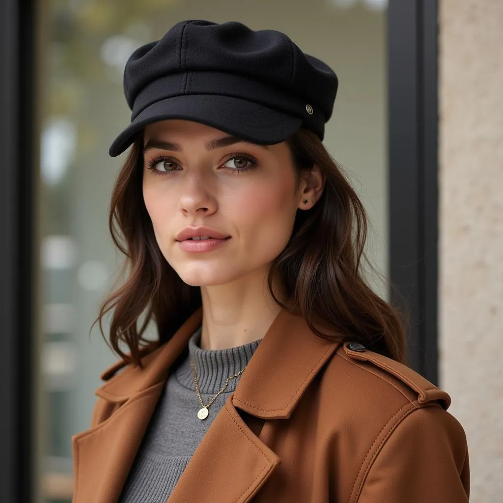 A model wearing a fitted wool baseball cap with a stylish outfit.