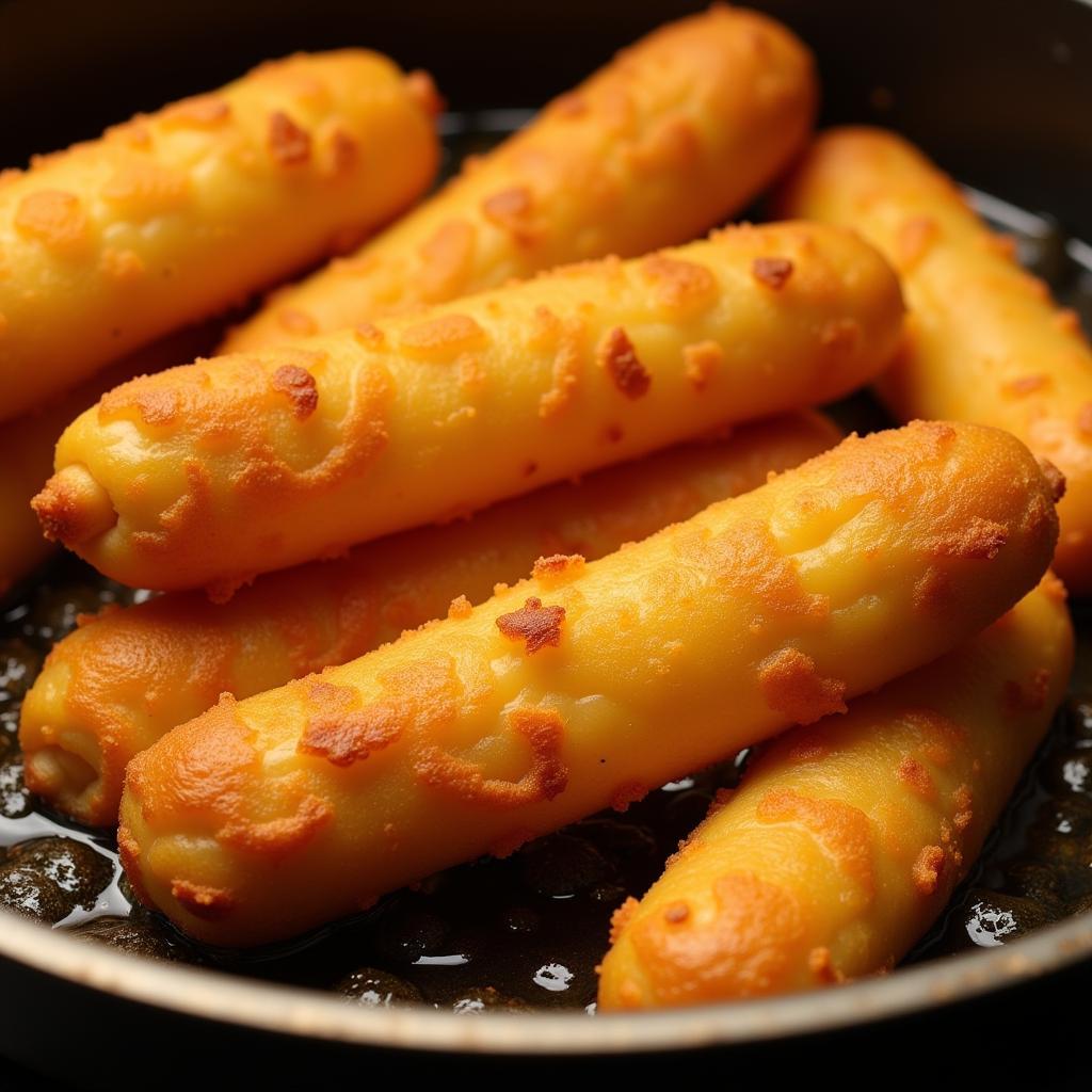 Golden-brown flat corn dog sticks cooking in a deep fryer