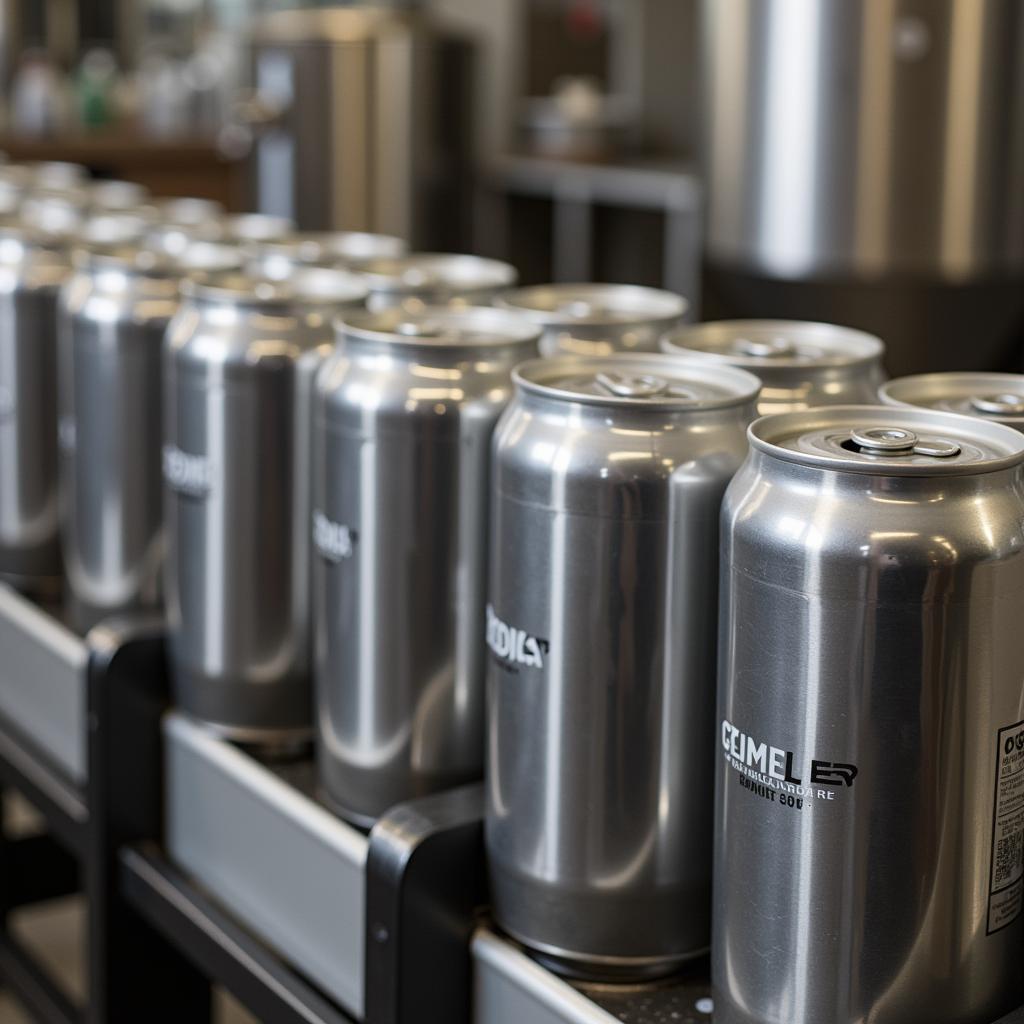 Flat top beer cans lined up in a craft brewery