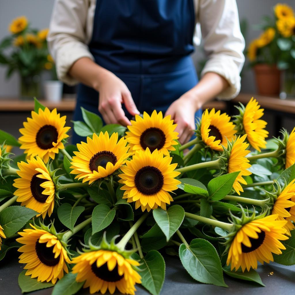 Florist Preparing Sunflower Header Arrangement