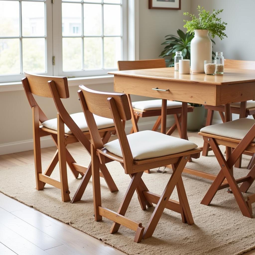 Folding chairs with padded seats arranged around a dining table