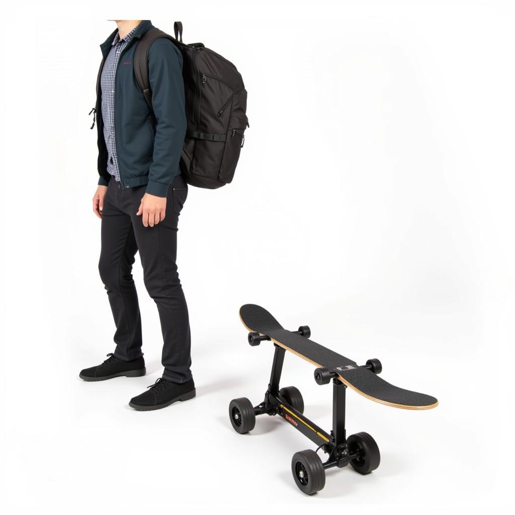 Folding electric skateboard stand highlighting portability