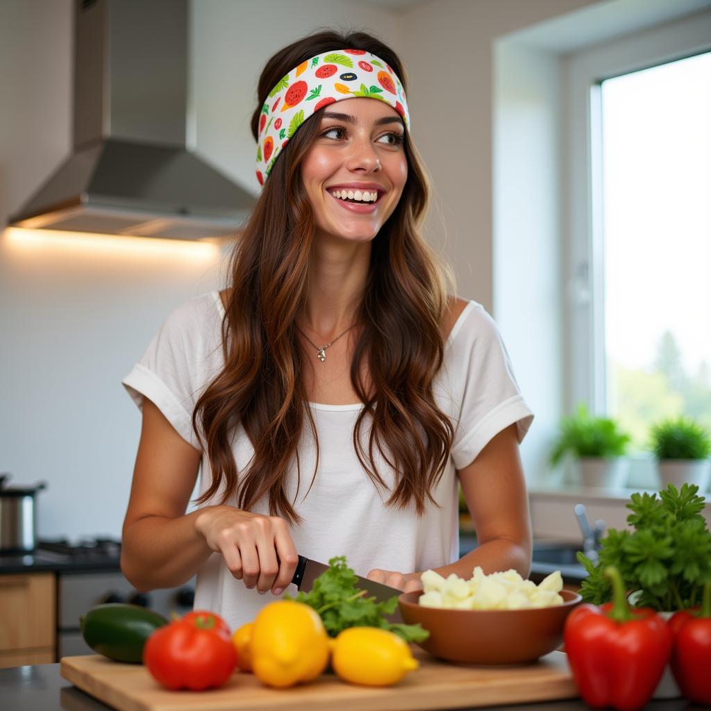 Woman smiling while wearing a food headband while cooking