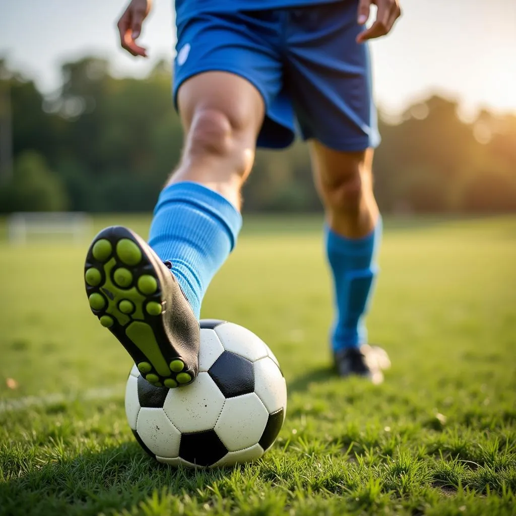 Footballer demonstrating foot cookies dribbling skills