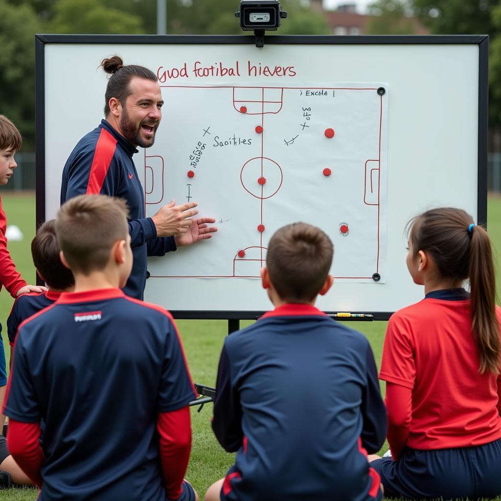 Football coach explaining tactics to his junior team