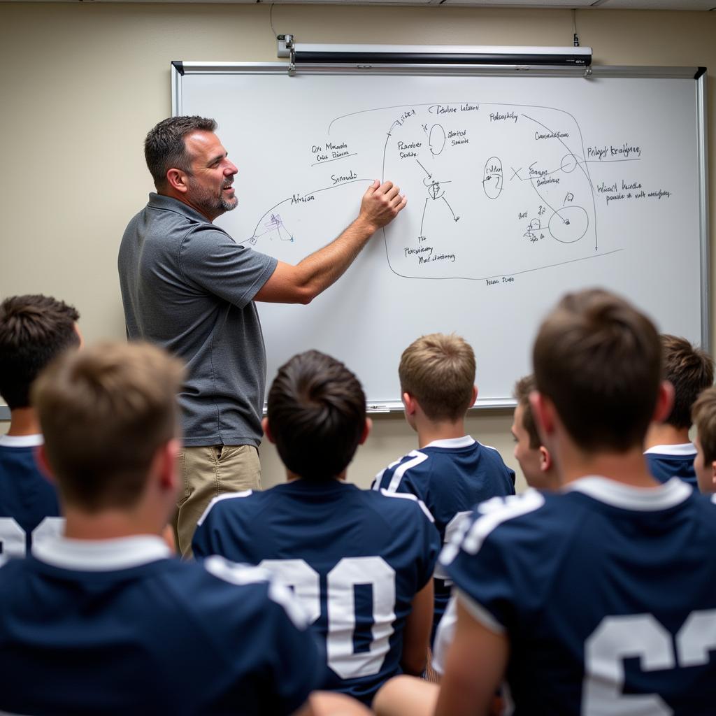 A coach uses a whiteboard to illustrate tactical formations to his team.