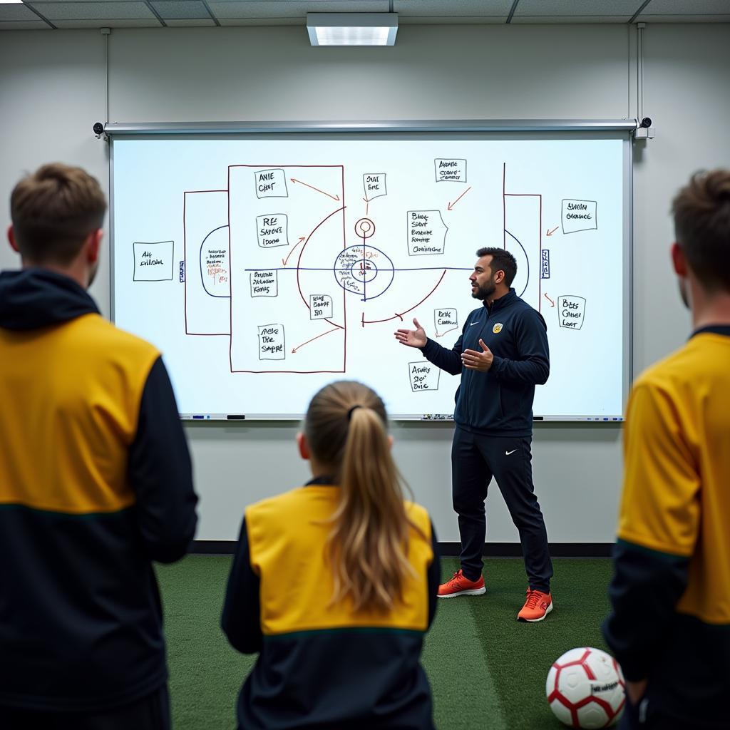 Football Coach Using a Whiteboard to Explain Tactics