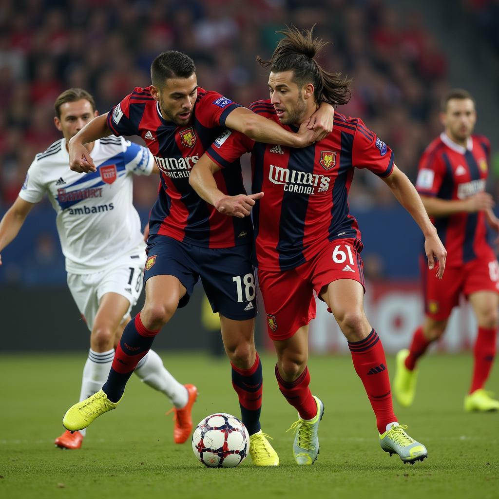 Two football teams clashing in a heated derby match