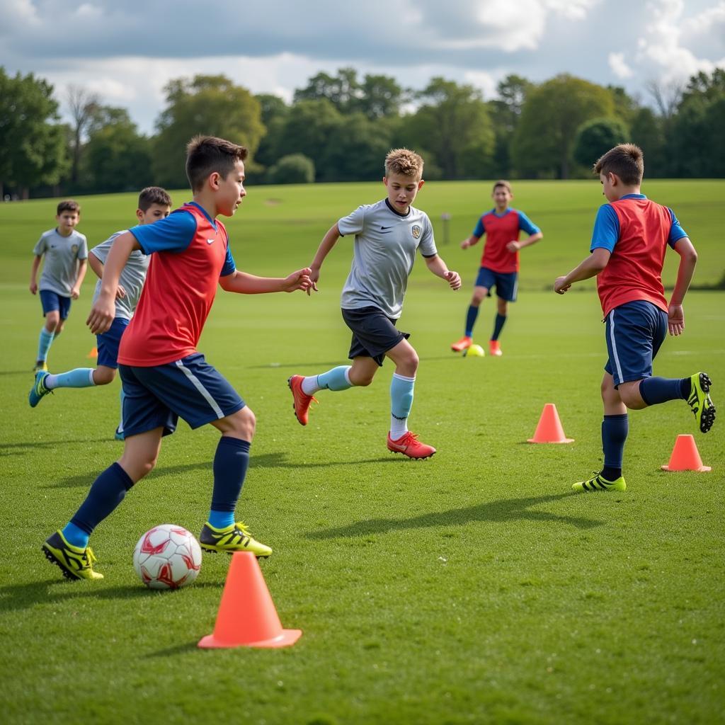 Players performing drills to improve agility, footwork, and ball control.