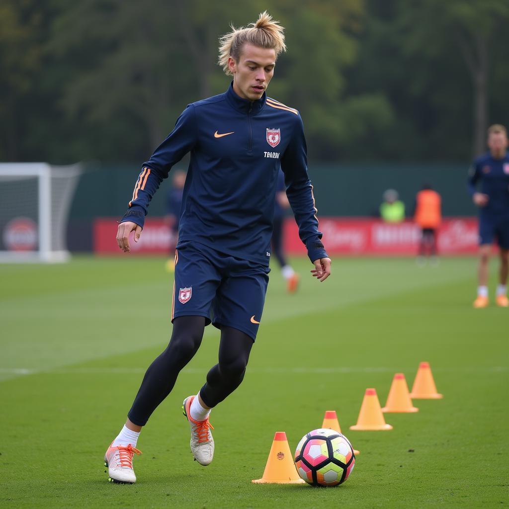 Frenkie de Jong practicing football drills on the training ground