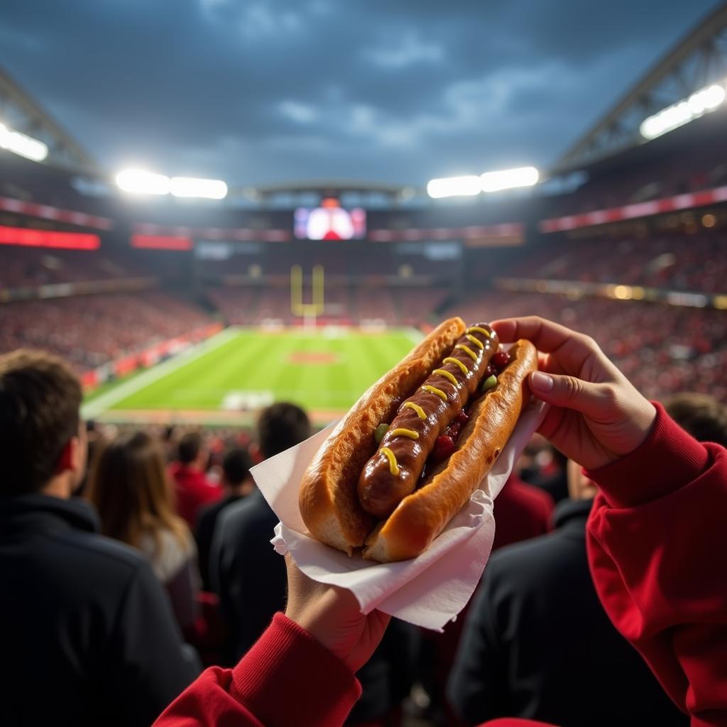 Football Fan Savoring a Philadelphia Sausage Sandwich