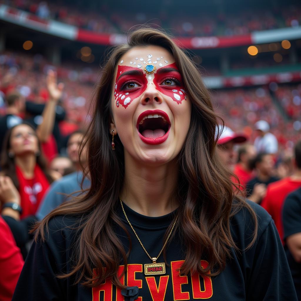 Football Fan with Diamond Eyes Face Paint Cheering in Stadium