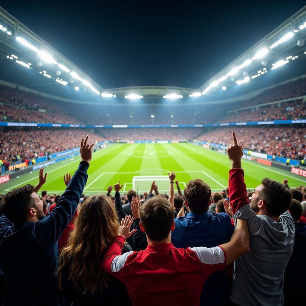 A diverse group of football fans cheering in a stadium