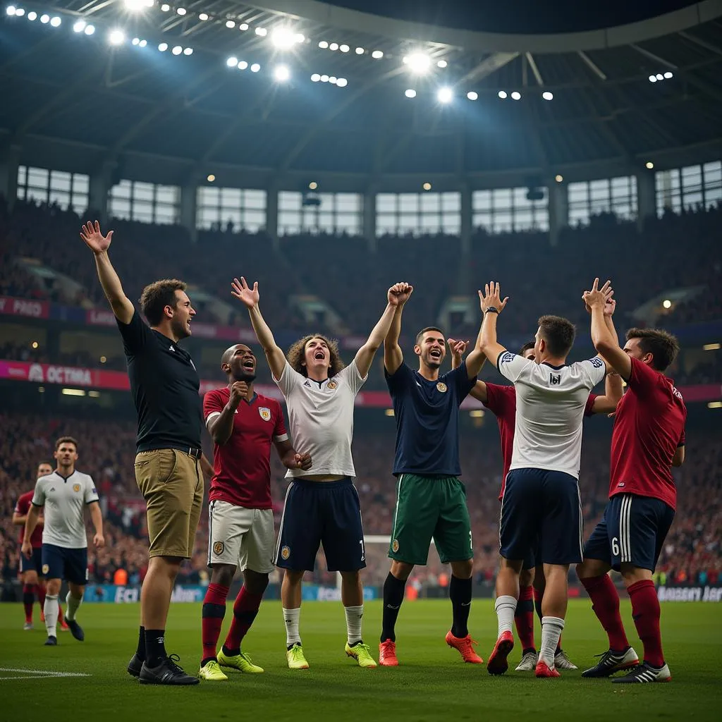 Football fans celebrating a goal in a packed stadium