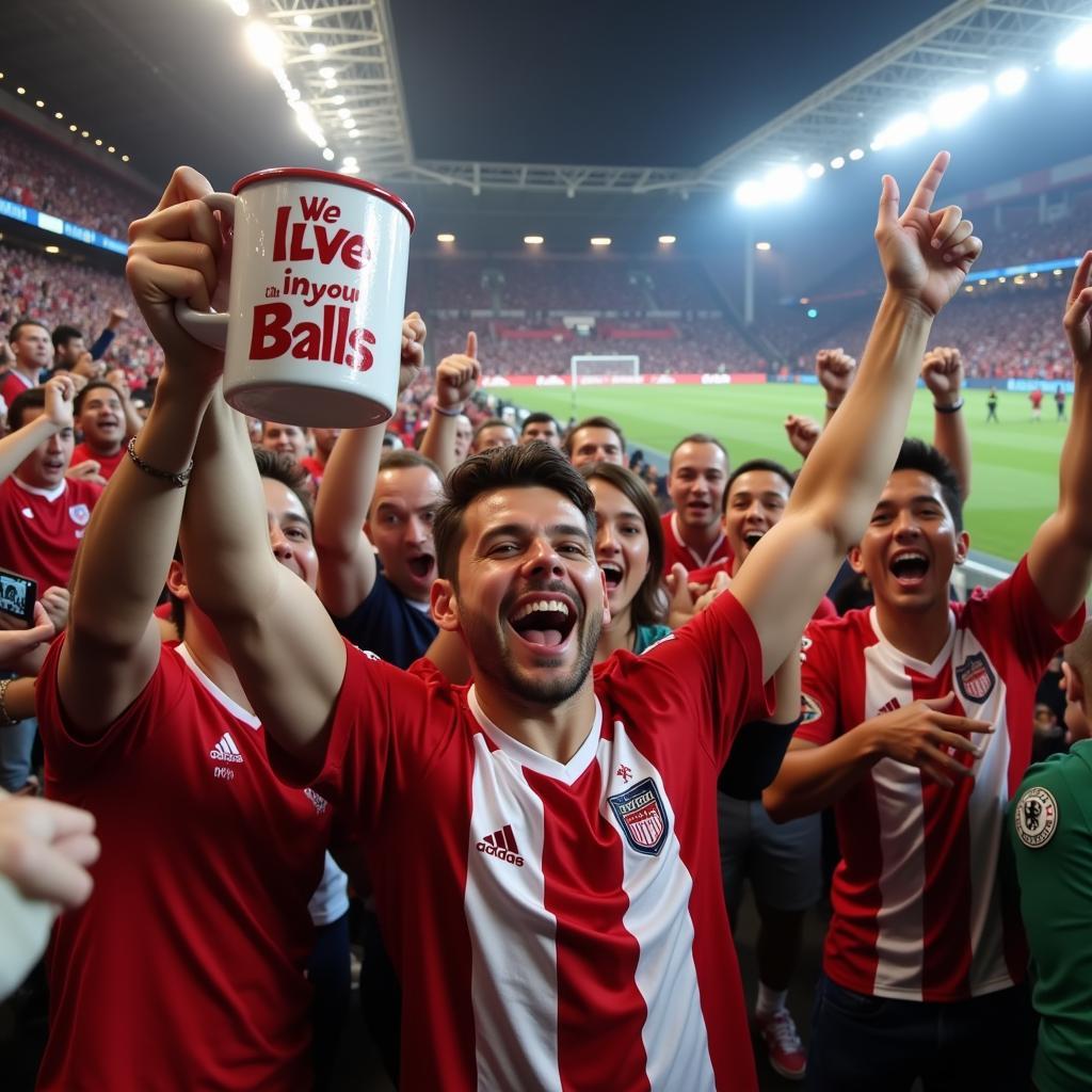 Football Fans Celebrating with Mug