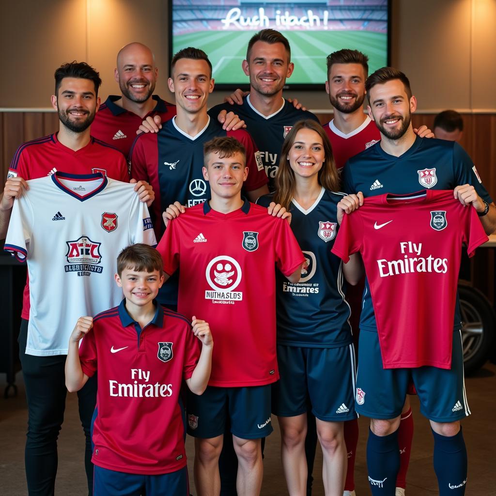 Group of football fans wearing custom-designed shirts