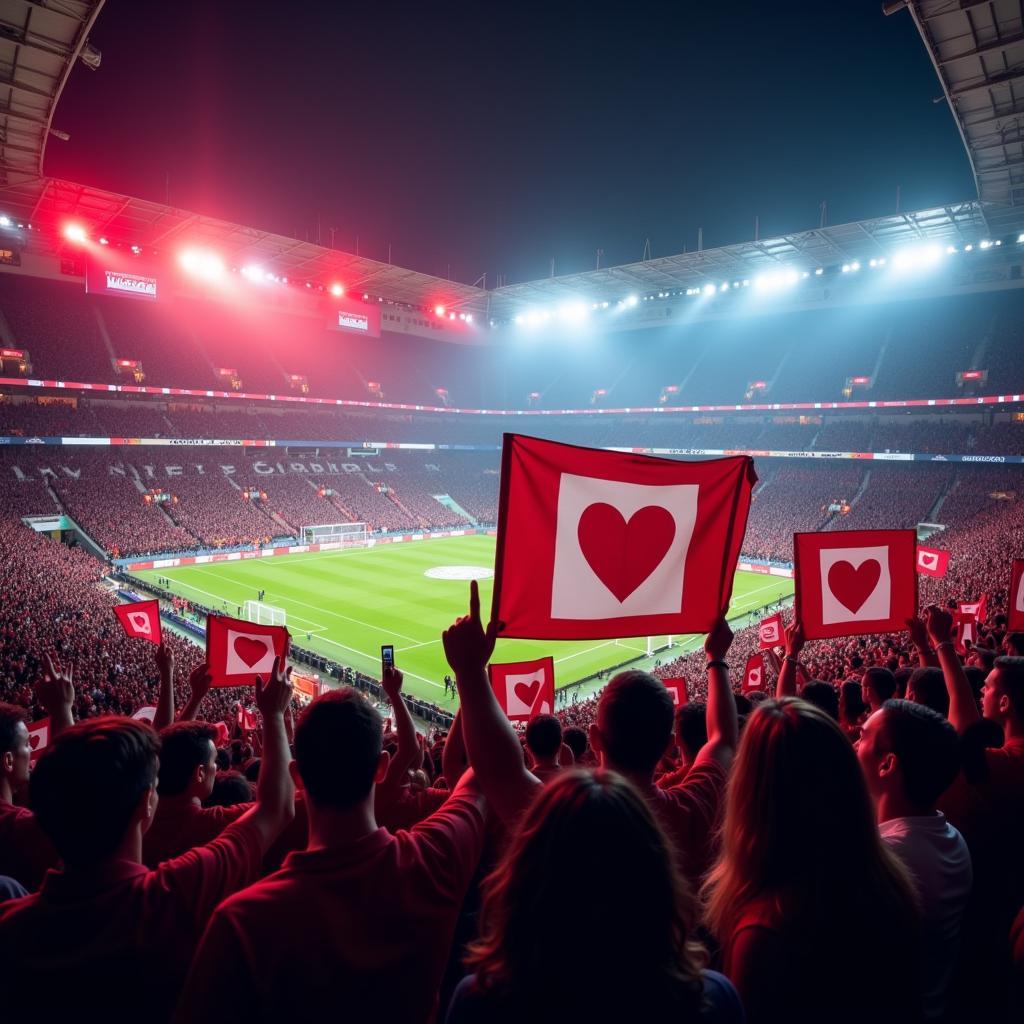 Football fans holding up banners with a team logo and a heart