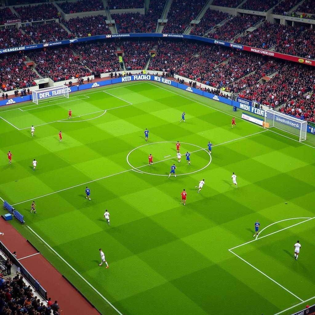 Aerial view of a thrilling football match in a packed stadium