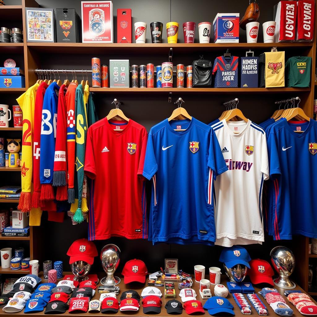 Diverse football merchandise on display