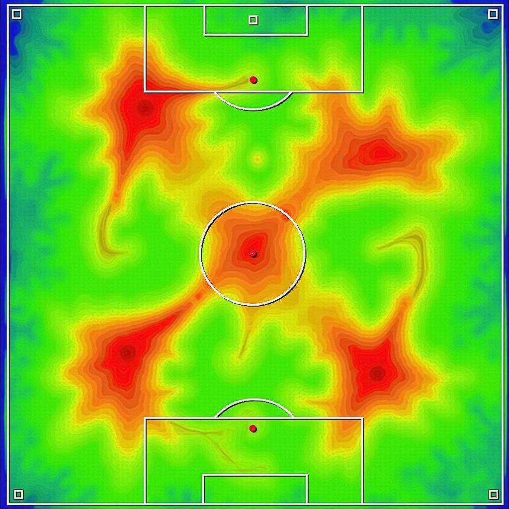 A tactical diagram of a football pitch with a heatmap of shots taken, indicating areas of high concentration.