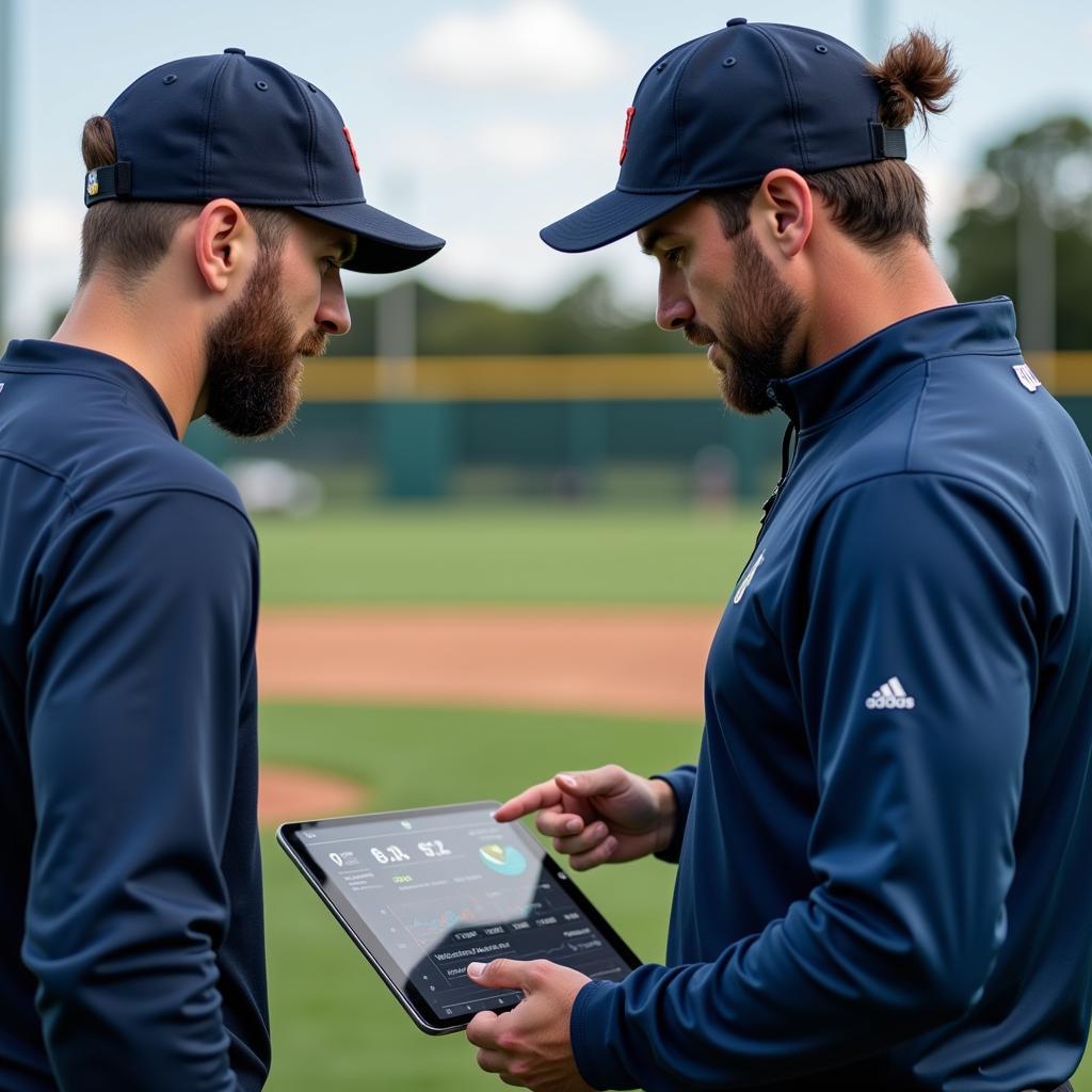 Football player and coach discussing pitching data from an analyzer