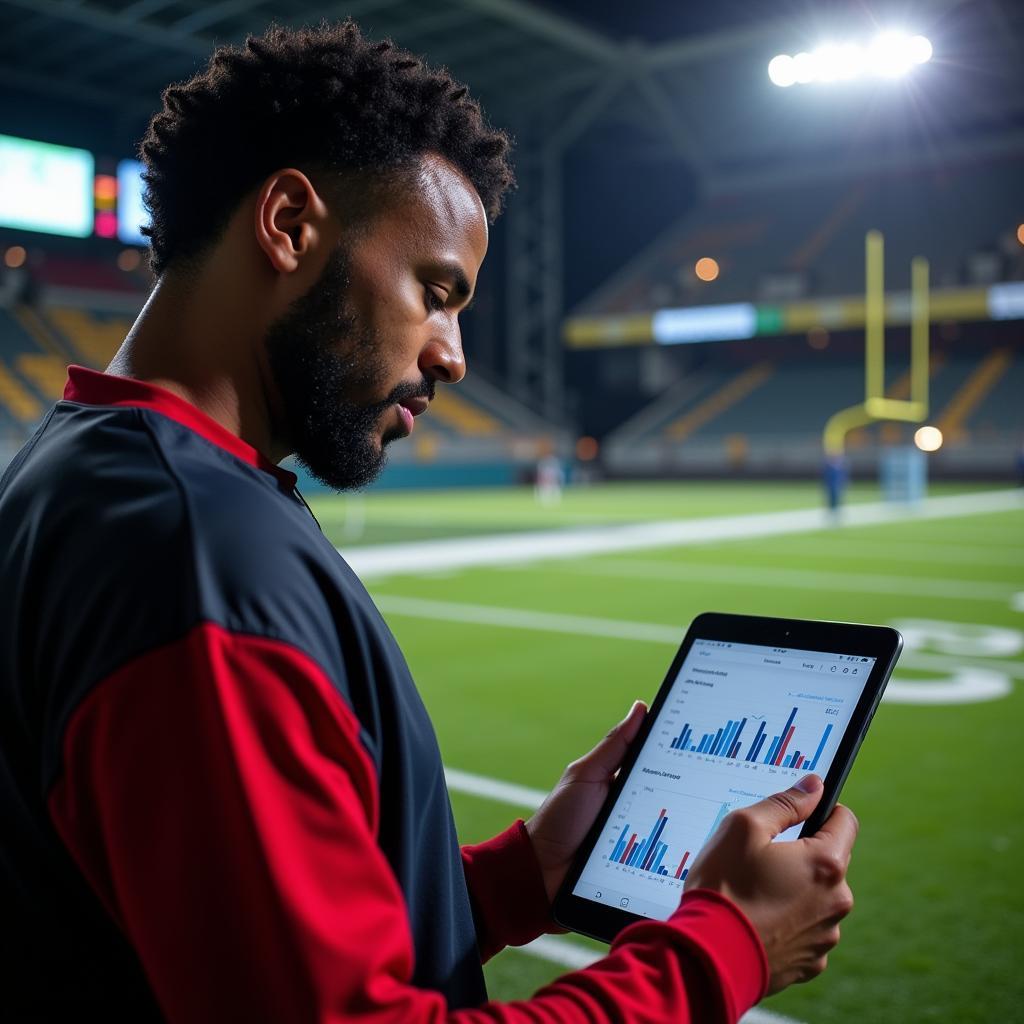 Football player analyzing performance data on a tablet