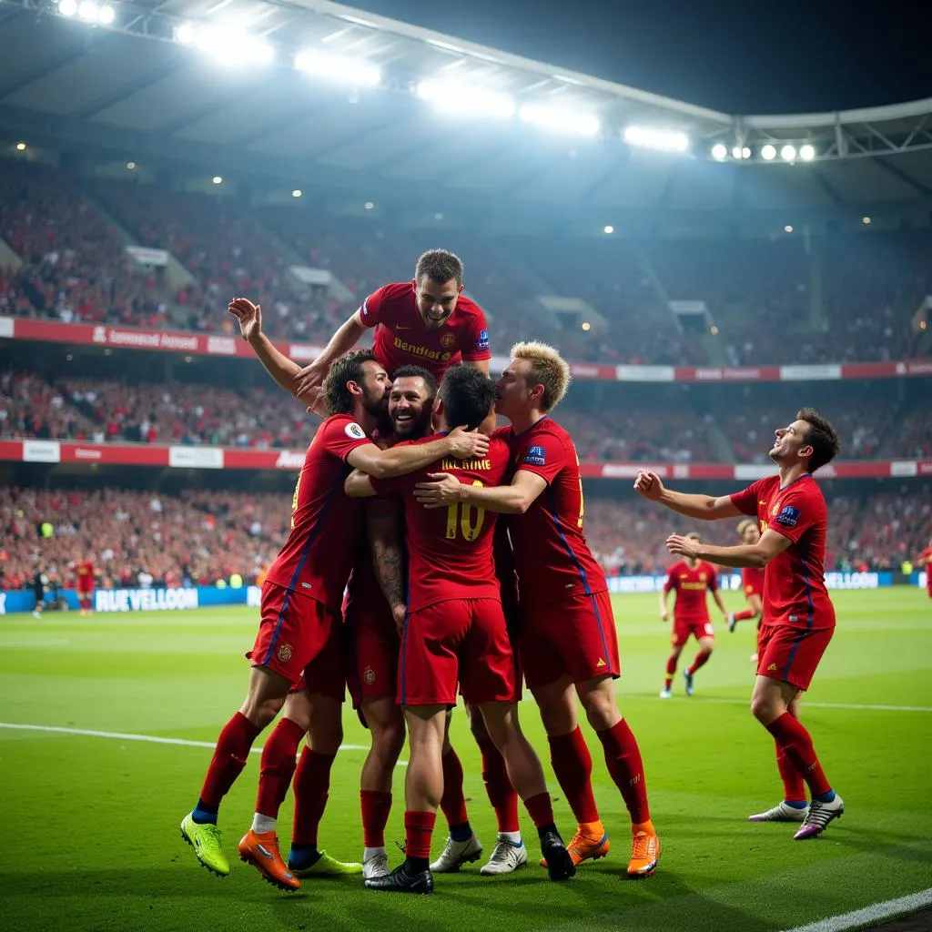 Football player celebrating a goal with teammates