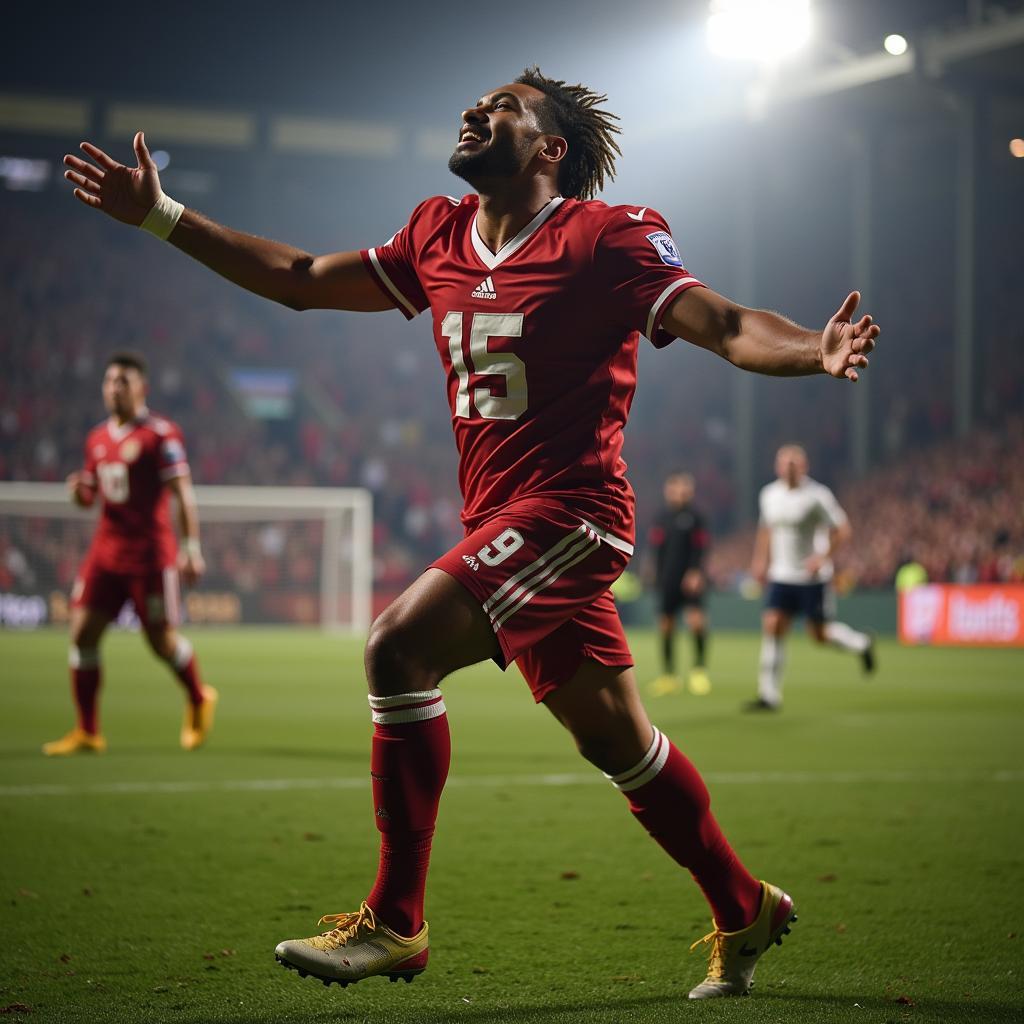  A solitary player celebrates a hard-fought goal with a roar of triumph.