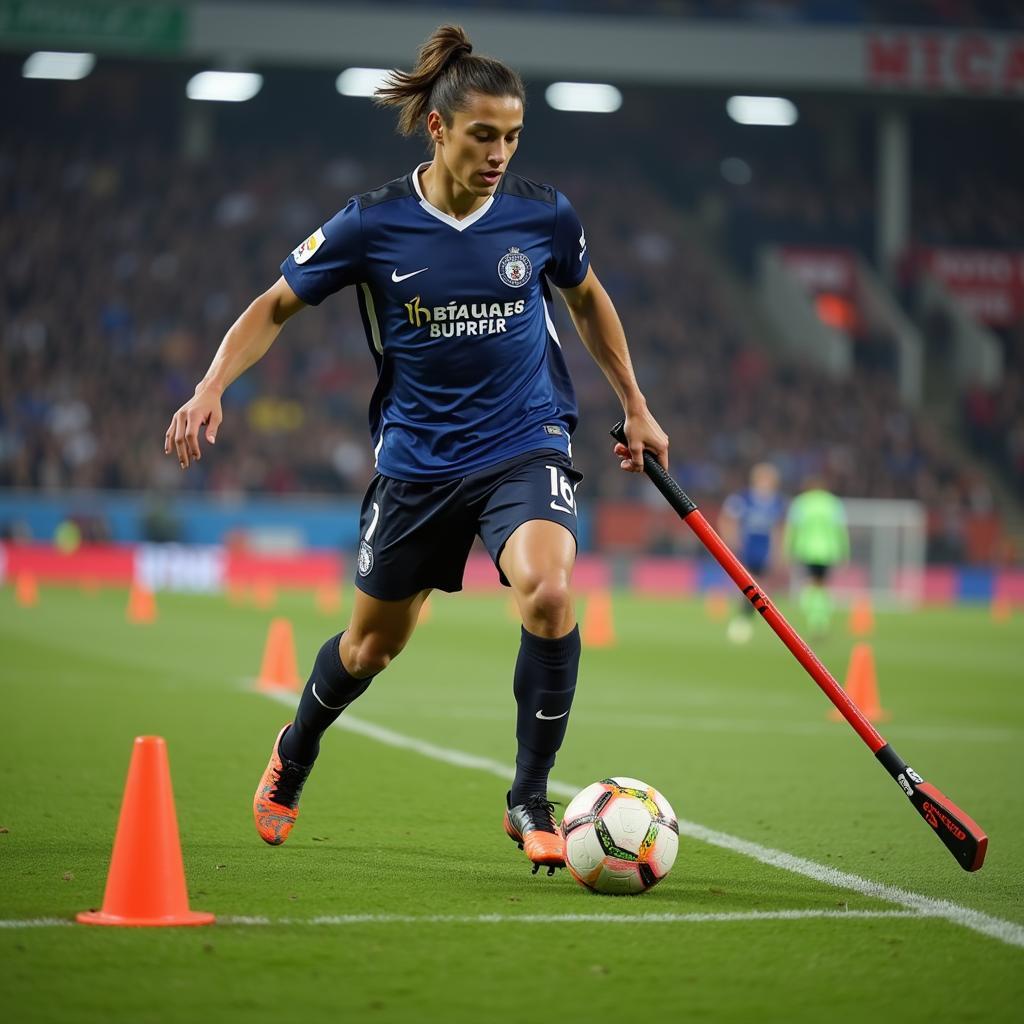 Football player dribbling with a mace stick