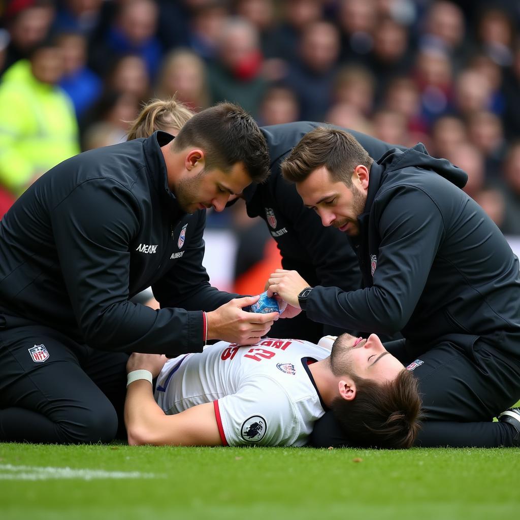 Football player receiving medical attention after a head injury