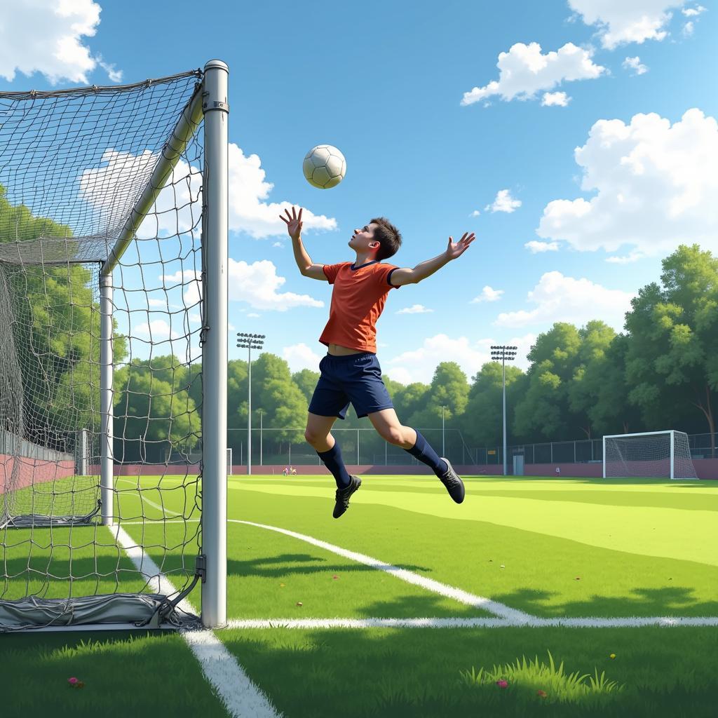 Footballer heading a ball in front of a goalpost with visible white corner guards