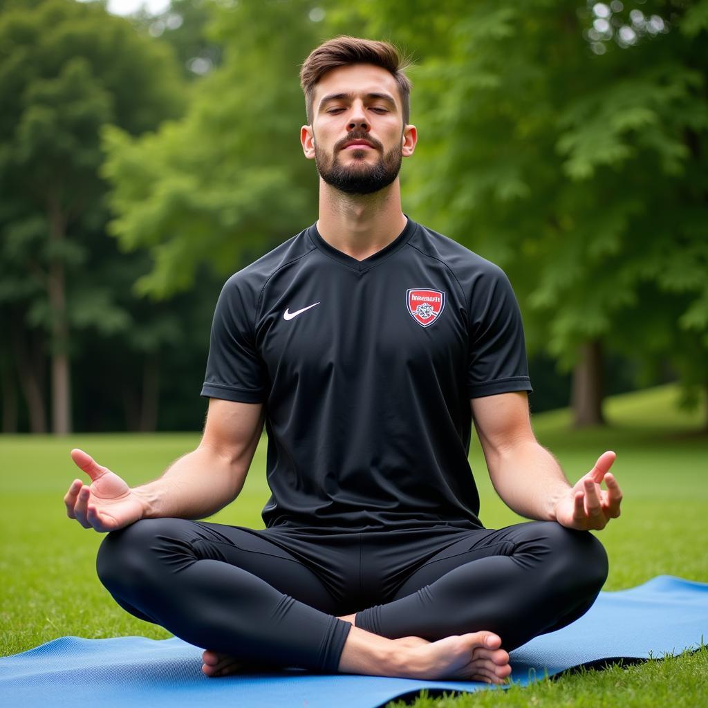 Football player meditating in a serene garden setting