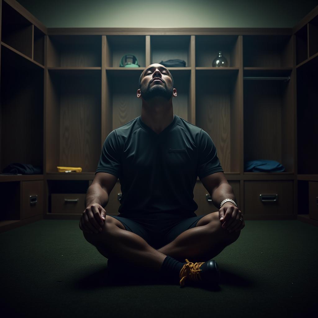 Football player meditating in locker room