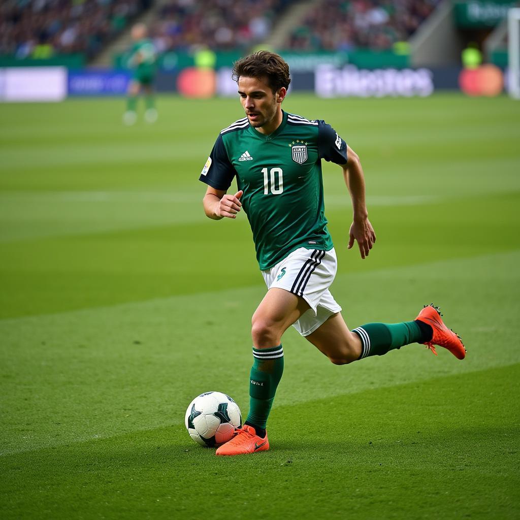 Professional footballer maneuvering on a rubber mound pitch