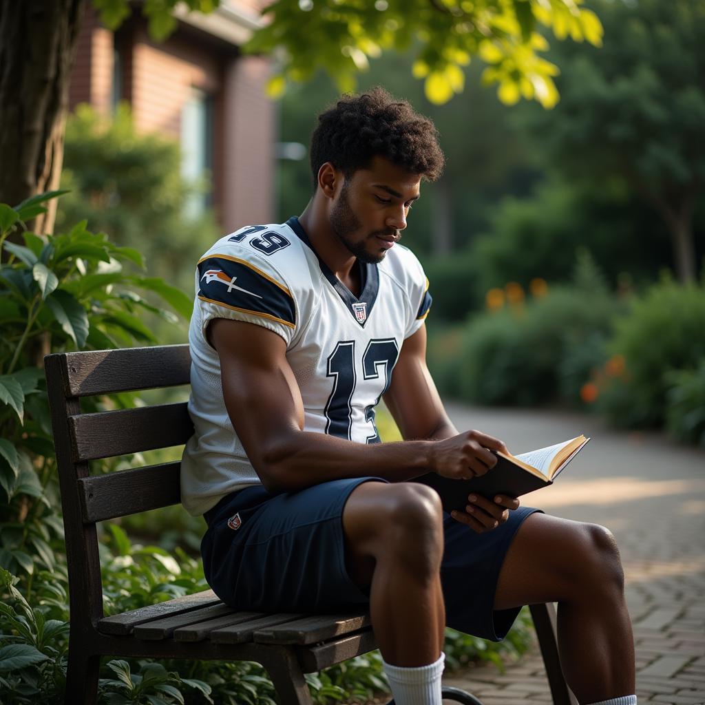  Football player enjoying a book in a peaceful garden setting