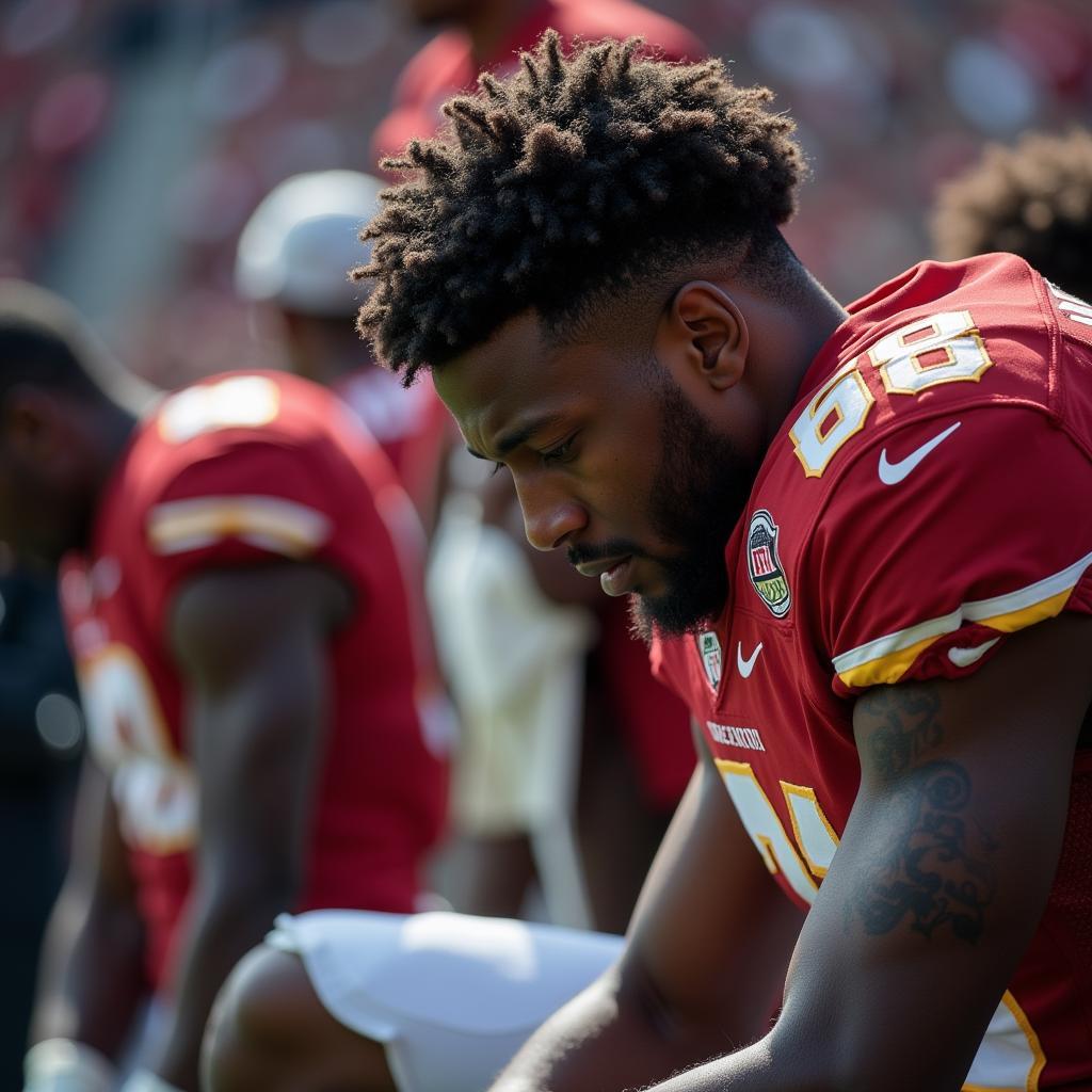 Football Player Reflecting After a Loss